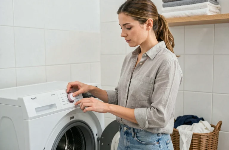Femme examinant le tableau de commande d'une machine à laver Valberg pour choisir le bon programme d'essorage