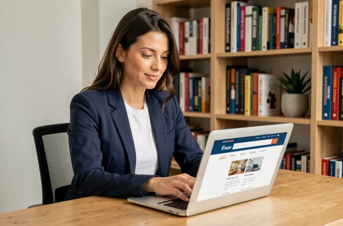 Femme cherchant un emploi en ligne sur un ordinateur portable dans un bureau à domicile moderne