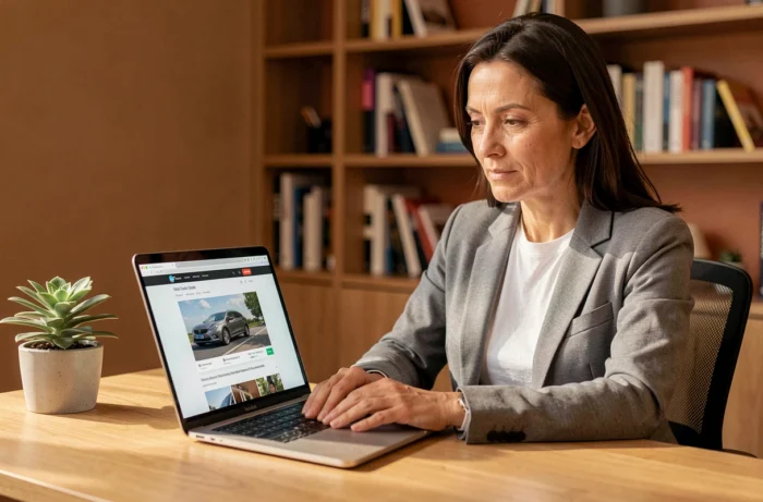 Femme recherchant une voiture en ligne sur ordinateur portable depuis son bureau à domicile, achat voiture internet