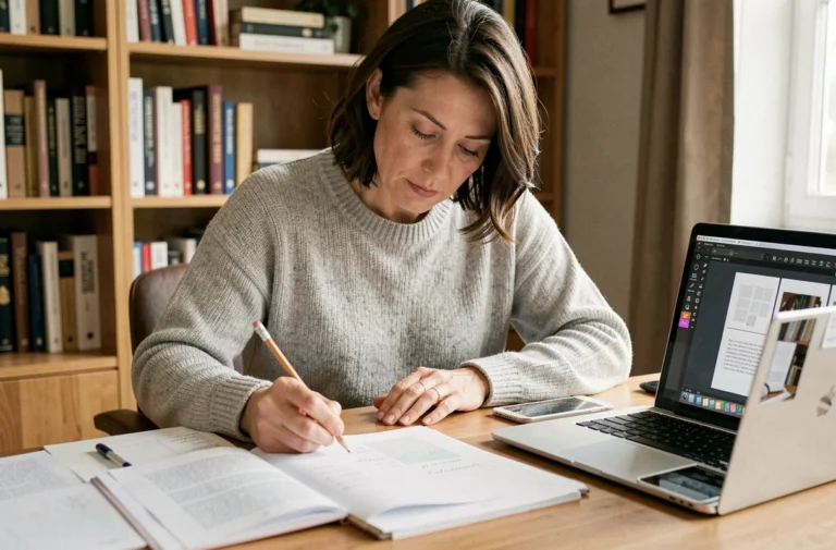 Femme consultant des pages de manuscrit imprimées sur un bureau en bois dans un bureau à domicile, avec un ordinateur portable ouvert sur un logiciel de mise en page de livre