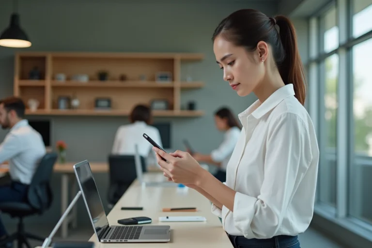 Femme utilisant un smartphone pliable dans un espace de travail tech moderne, illustrant les dernières tendances technologiques