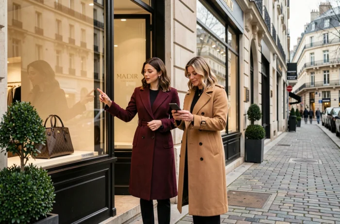 Deux femmes élégantes devant une boutique de luxe comparant des tendances en ligne sur smartphone