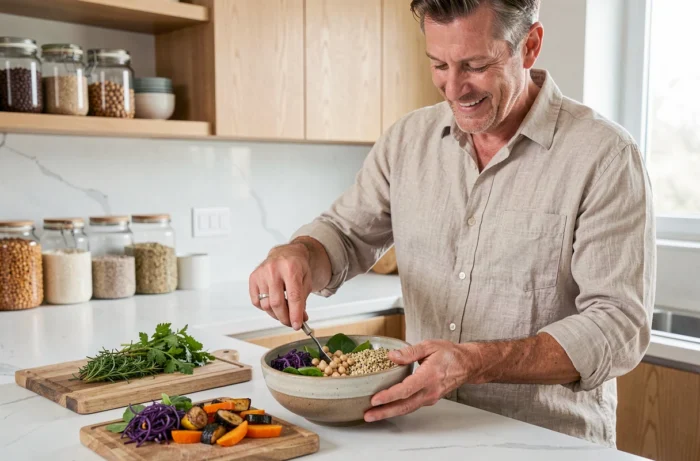 Homme préparant un repas riche en fibres et en diversité végétale pour soutenir la santé du microbiote intestinal