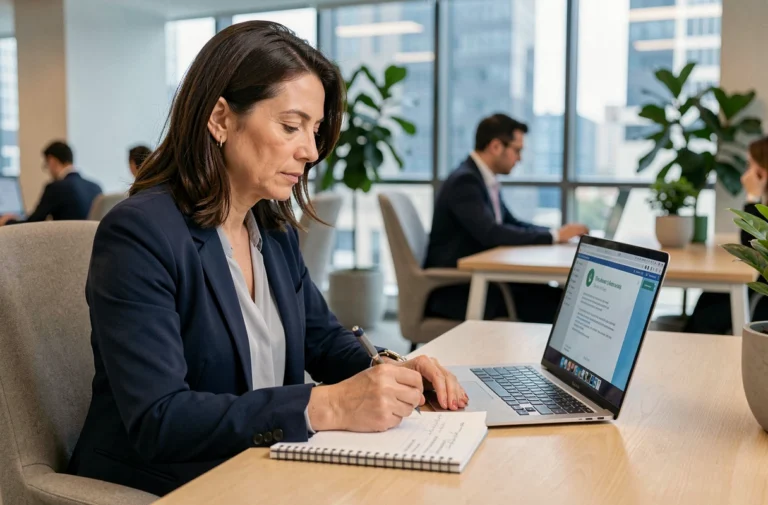 Salariée en formation digitale sur son ordinateur portable dans un open space moderne, prenant des notes manuscrites