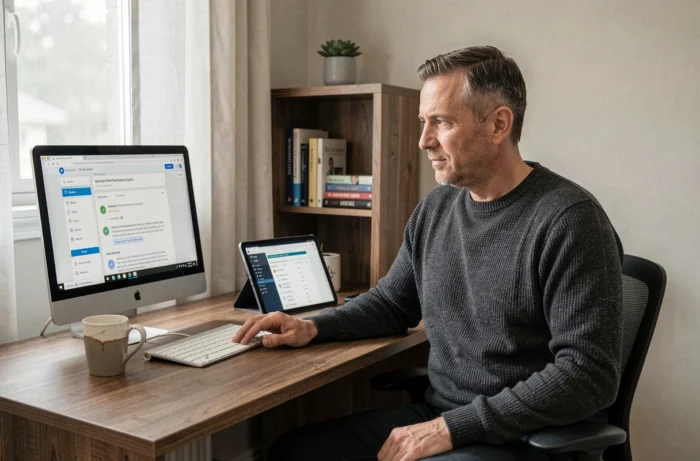 Salarié en télétravail suivant une formation e-learning sur ordinateur de bureau avec tablette numérique dans un bureau à domicile