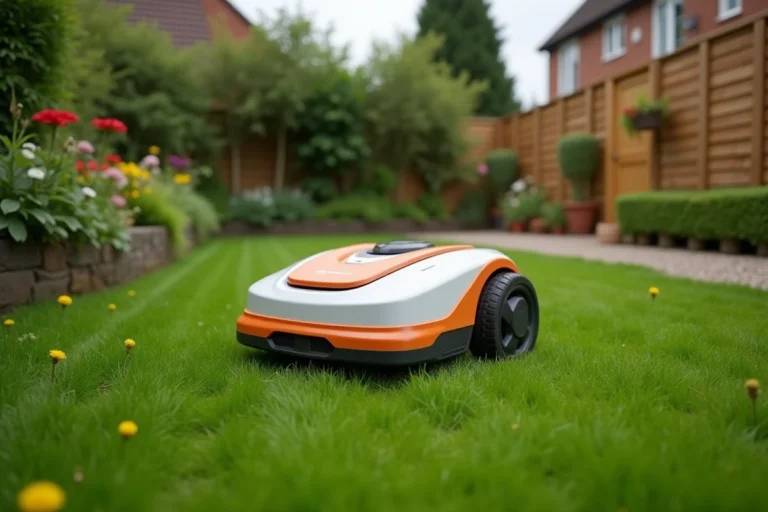Tondeuse robot Gardena Sileno en fonctionnement autonome sur une pelouse verte bien entretenue dans un jardin résidentiel