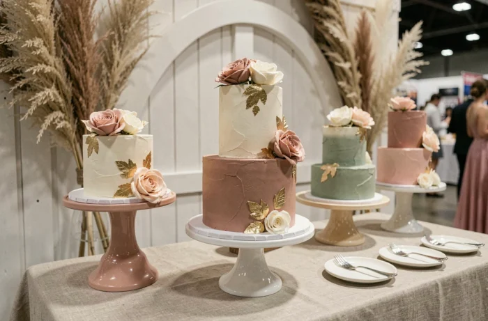 Présentation de gâteaux de mariage élaborés lors d'un salon nuptial, avec des décorations en fleurs en sucre, feuilles d'or et crème texturée.
