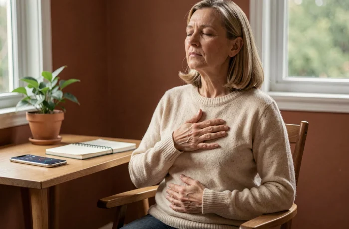 Femme pratiquant la cohérence cardiaque avec une main sur la poitrine pour gérer son stress au quotidien