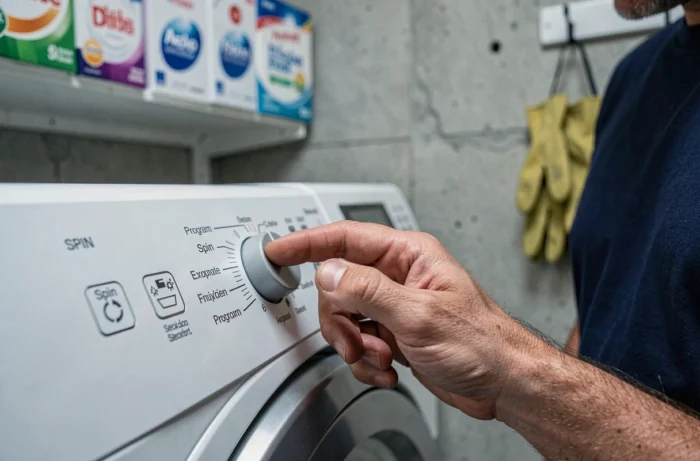 Gros plan sur le sélecteur de programme d'essorage d'une machine à laver avec symboles de cycles visibles