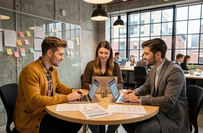 Groupe de jeunes entrepreneurs collaborant autour de sources d'information fiables pour construire un projet business solide