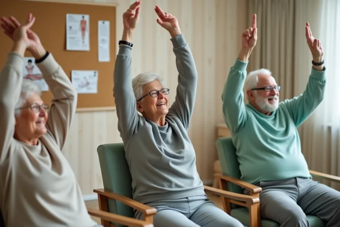 Groupe de seniors de plus de 80 ans participant à une séance de gym douce guidée dans un studio de kinésithérapie