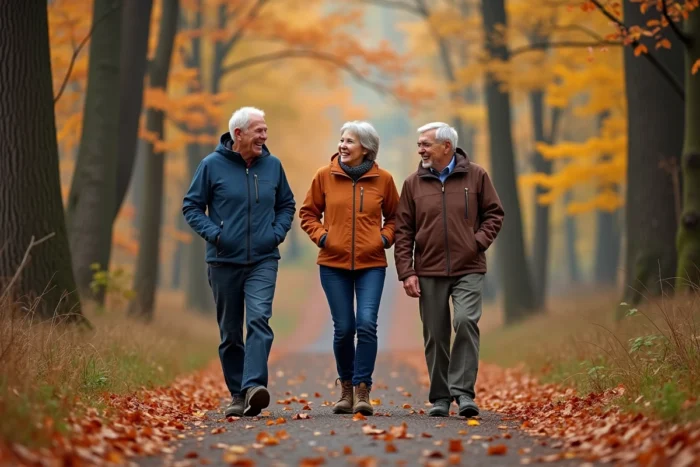 Groupe de seniors souriants en randonnée sur un sentier forestier en automne