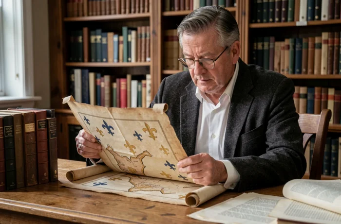 Historien examinant une carte ancienne ornée de symboles héraldiques fleur de lys dans une bibliothèque patrimoniale