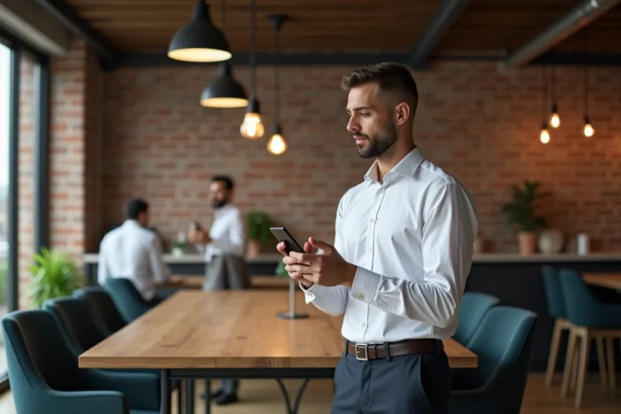 Homme d'affaires consultant une plateforme d'emploi B2B sur smartphone dans un espace de networking professionnel