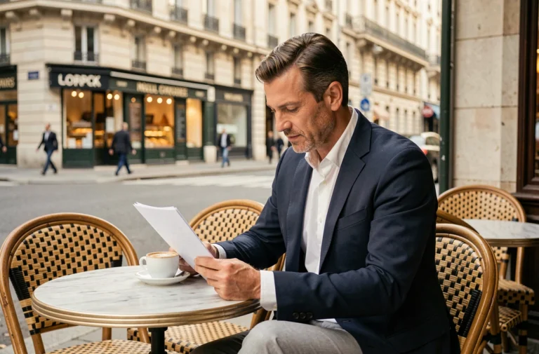 Homme d'affaires parisien travaillant en terrasse de café avec documents et café crème, Paris business