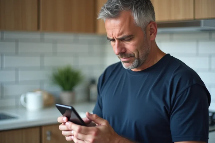 Homme consultant l'application Amazon sur smartphone pour archiver une commande
