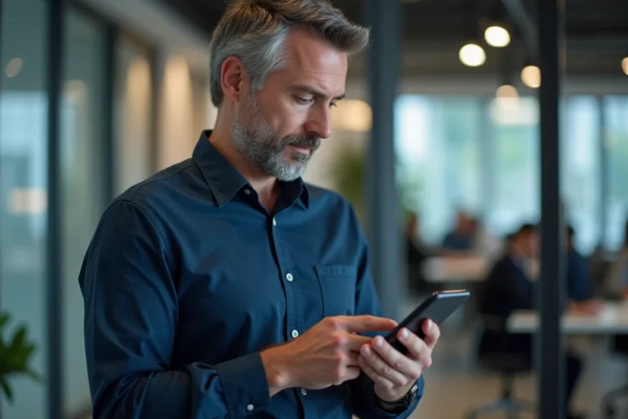 Homme d'affaires utilisant une application de gestionnaire de mots de passe sur smartphone dans un bureau moderne