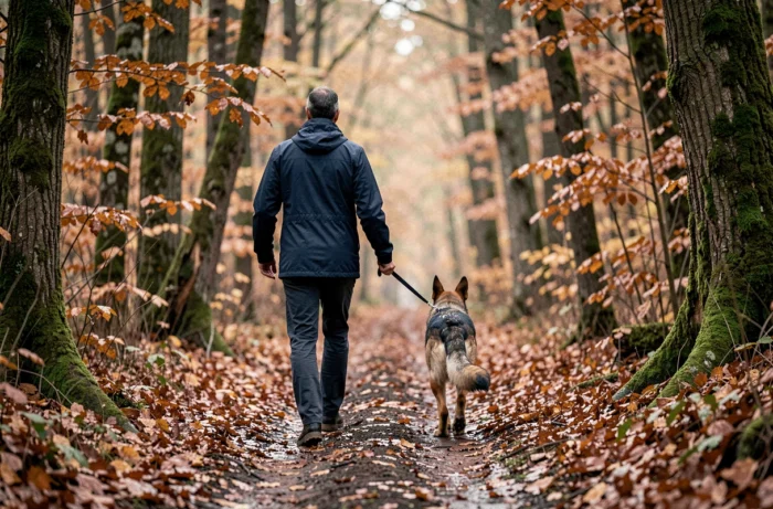 Homme promenant son berger allemand en forêt en automne, astuces pour bien comprendre et exercer son chien