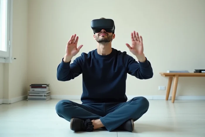 Homme portant un casque de réalité mixte et contrôlant des éléments virtuels par gestes dans un studio minimaliste