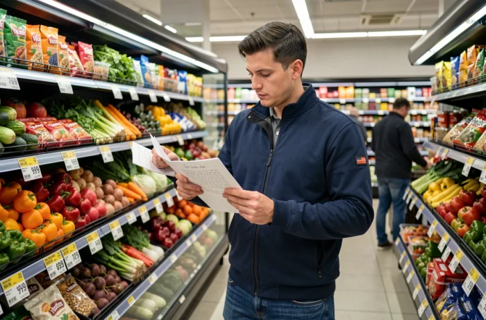 Homme comparant les prix de produits alimentaires dans un supermarché avec une liste de courses à la main