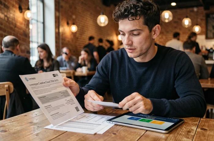 Homme comparant les tarifs des abonnements Lightroom dans un café avec des documents imprimés