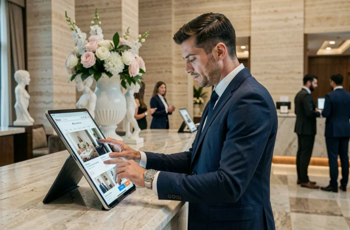 Homme en costume élégant consultant un site de luxe en ligne sur une tablette dans un hôtel haut de gamme
