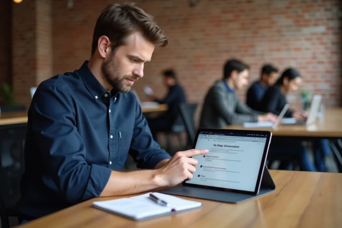 Homme prenant des notes sur un guide de démarrage rapide Cruchyscan dans un espace de co-working moderne