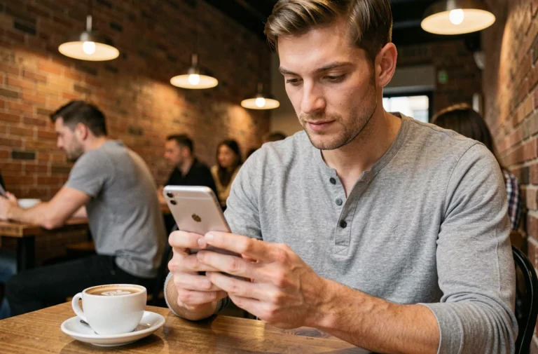 Homme examinant un Huawei P10 Lite d'occasion dans un café pour vérifier son état avant achat