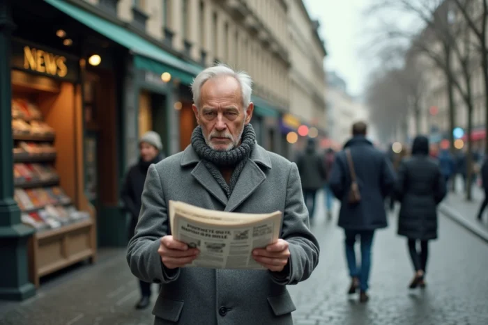 Homme lisant un journal imprimé devant un kiosque à journaux dans une rue urbaine européenne en hiver