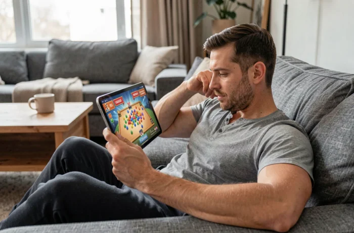 Homme adulte allongé sur un canapé jouant à Monopoly Go sur tablette, immergé dans un événement spécial du jeu