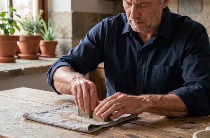 Homme frottant deux pierres ponces l'une contre l'autre pour les nettoyer sur une table en bois rustique