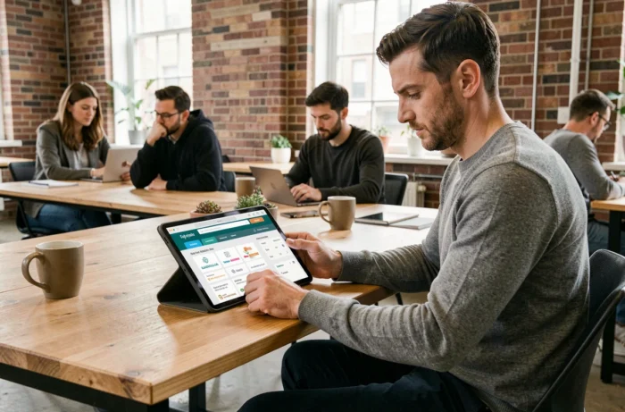 Homme consultant des plateformes d'emploi alternatives sur une tablette dans un espace de coworking