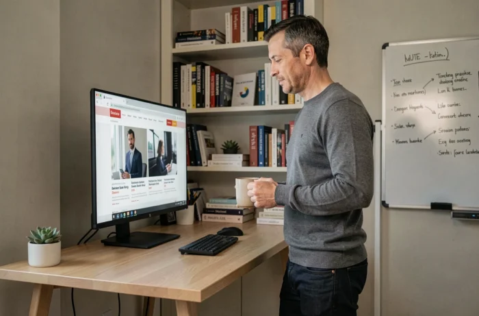 Homme consultant des sources d'information fiables en ligne pour développer son projet business depuis son bureau à domicile