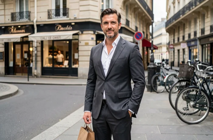 Homme parisien transformé par un relooking vestimentaire, posant avec assurance dans une rue haussmannienne