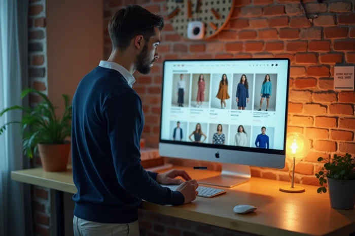 Homme effectuant un shopping en ligne sur ordinateur dans un bureau moderne avec mur en brique