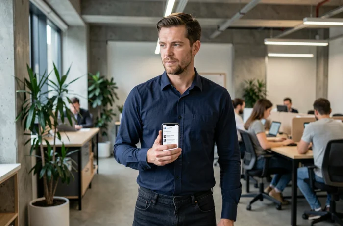 Homme consultant une alternative à Nitter sur son smartphone dans un espace de coworking moderne