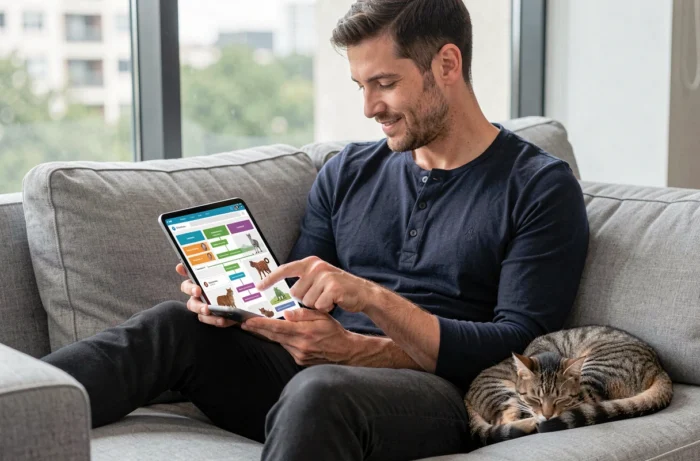 Homme consultant le plan de navigation d'un site animalier sur une tablette dans un salon moderne avec un chat endormi