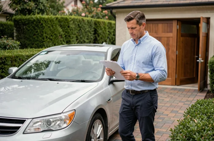 Homme examinant des documents de vente de voiture dans une allée résidentielle, guide achat vente véhicule en ligne