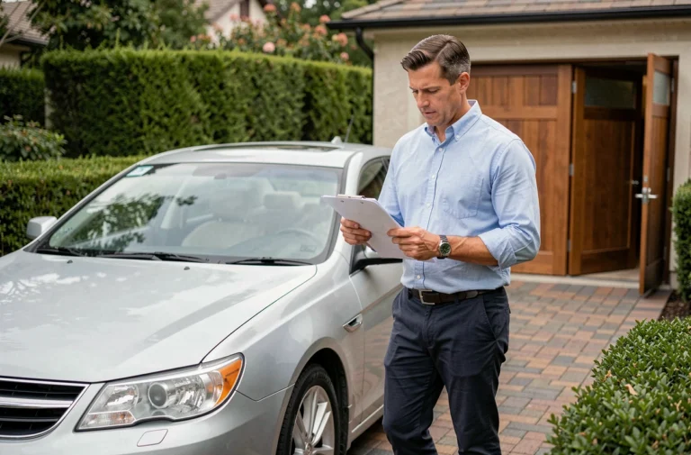 Homme examinant des documents de vente de voiture dans une allée résidentielle, guide achat vente véhicule en ligne