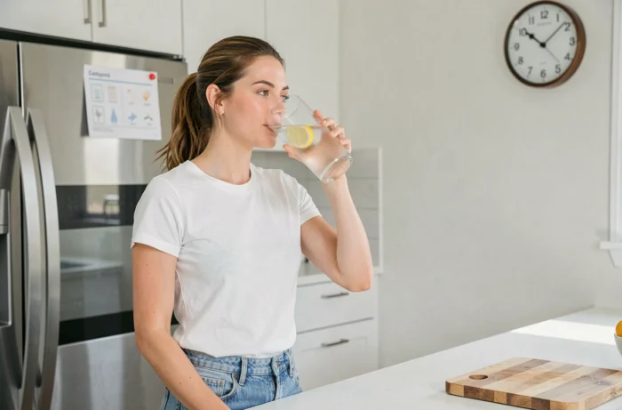 Femme buvant un verre d'eau avec citron en suivant un planning d'hydratation ciblée affiché sur le réfrigérateur