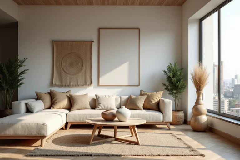 Vue d'ensemble d'un intérieur moderne et inspirant mêlant textiles naturels, plantes, bois et objets décoratifs originaux