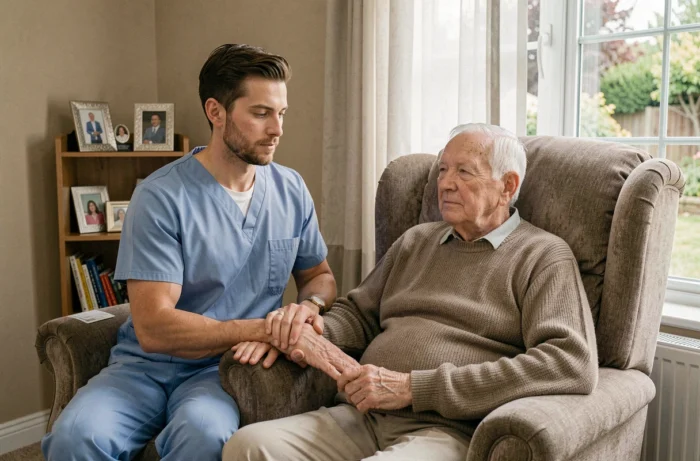 Infirmier en soins palliatifs tenant la main d'un patient âgé, symbolisant l'accompagnement humain en fin de vie