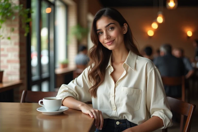 Jeune femme d'origine libanaise assise dans un café urbain, ambiance décontractée et naturelle illustrant le parcours d'une influenceuse américano-libanaise
