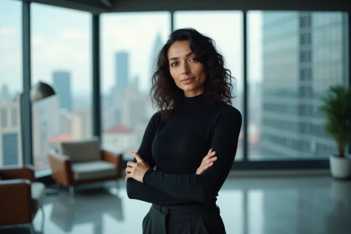 Femme influenceuse d'origine libanaise en tenue professionnelle devant un panorama urbain, illustrant sa notoriété dans les médias américains