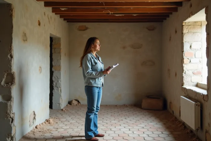 Intérieur à rénover d'une petite maison de pêcheur portugaise avec murs en pierre et sol en tomettes