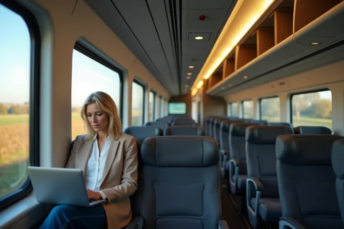 Intérieur première classe d'un TGV avec passagère au laptop, comparatif confort Eurostar TGV