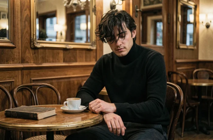 Jeune homme discret attablé dans un café parisien, évoquant la vie privée de Jack Depp fils de Johnny Depp et Vanessa Paradis