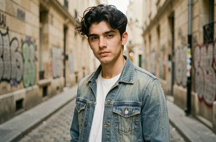 Jeune homme brun aux allures bohèmes dans une ruelle pavée de Paris, style fils de célébrité franco-américaine