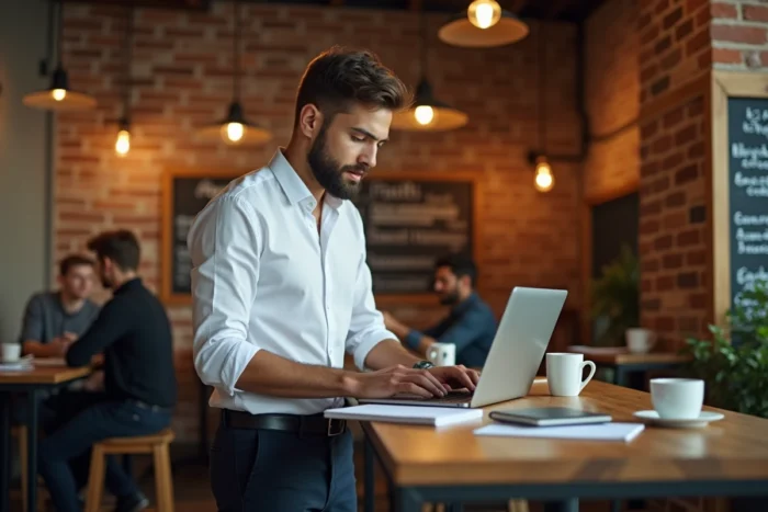 Jeune entrepreneur travaillant sur son projet de création d'entreprise dans un café-bureau branché en Europe