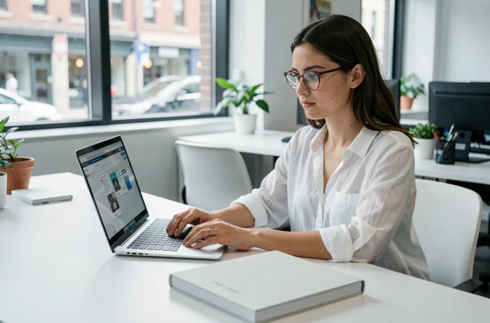 Jeune femme avec des lunettes utilisant un ordinateur portable pour commander l'impression de son livre en ligne sur une plateforme dédiée, avec un prototype de livre relié posé à côté